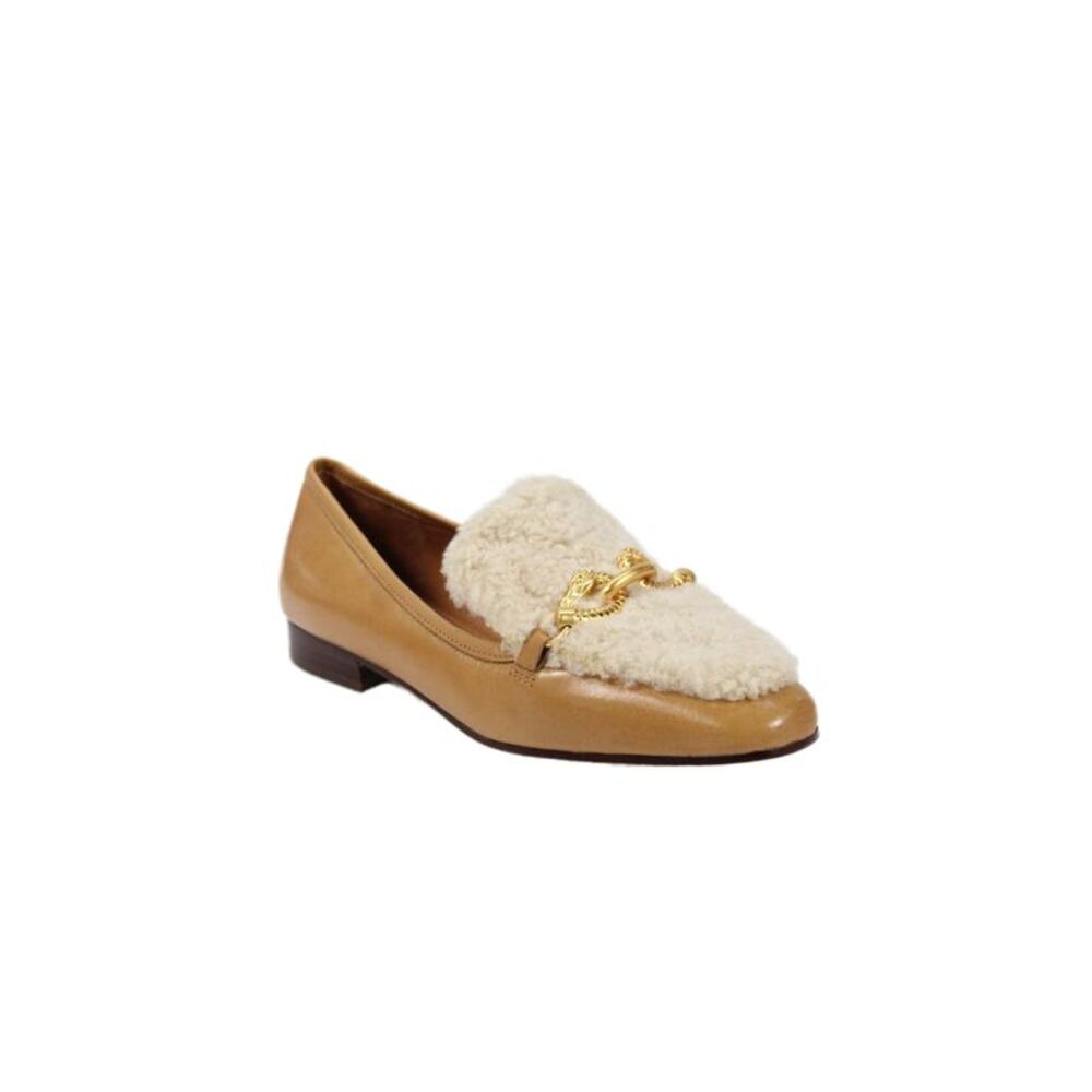 Tory Burch Womens Jessa Shearling Loafers Leather Shoes Caramel Size 5.5